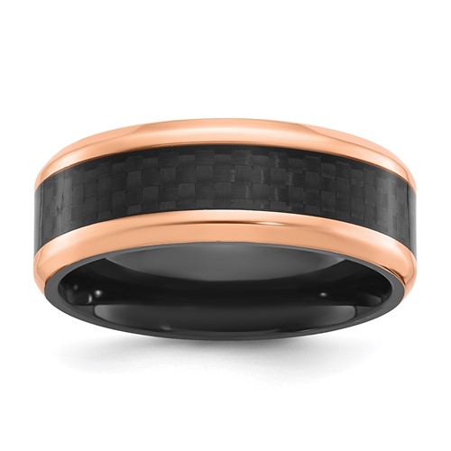 Chisel Black Zirconium Polished Rose IP-plated Edges Band with Black Carbon Fiber Inlay 8mm