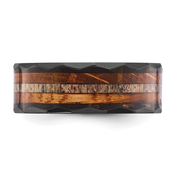 Chisel Black Zirconium Polished Faceted with Wood and Deer Antler Inlay 8mm Band