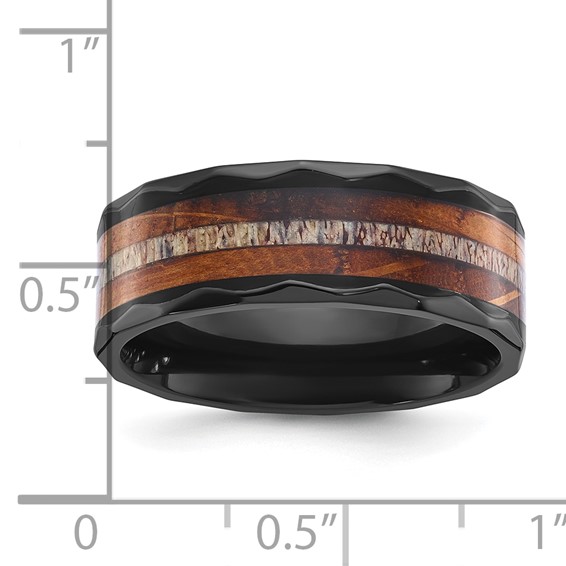 Chisel Black Zirconium Polished Faceted with Wood and Deer Antler Inlay 8mm Band