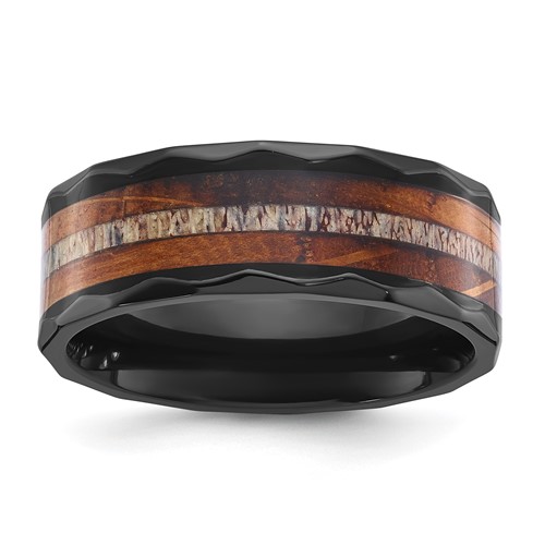 Chisel Black Zirconium Polished Faceted Band with Wood and Deer Antler Inlay 8mm