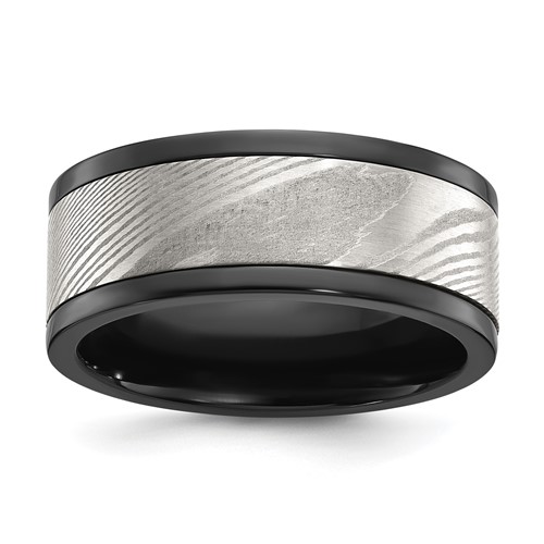 Chisel Black Zirconium Polished Band with Damascus Inlay 9mm