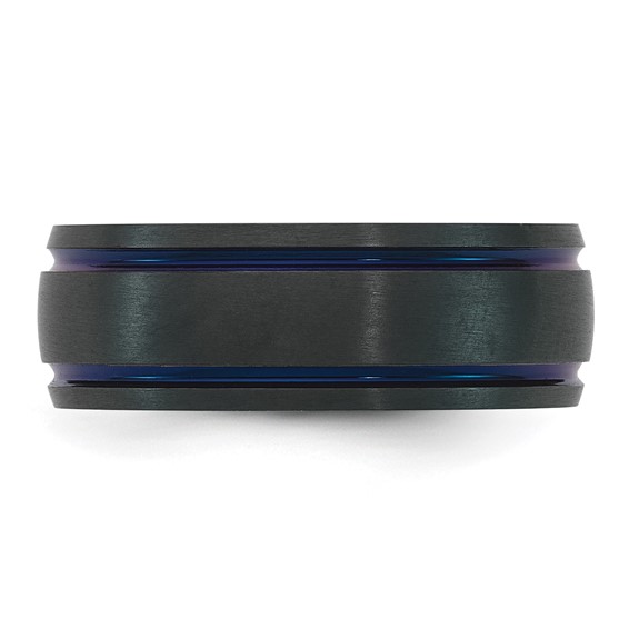 Black Zirconium Polished and Brushed Blue IP Double Grooved 8mm Ring