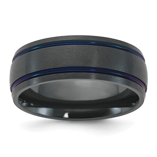 Black Zirconium Polished and Brushed Blue IP Double Grooved 8mm Ring
