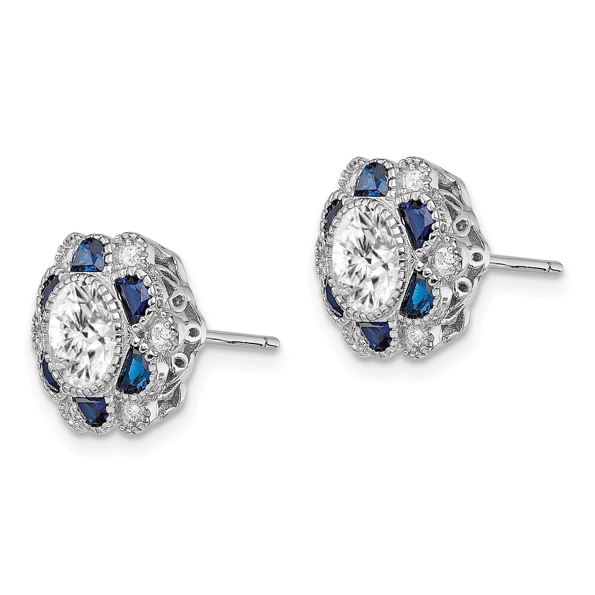Sterling Silver Blue Spinel and CZ Flower Post Stud Earrings 12 x 12.5 MM 