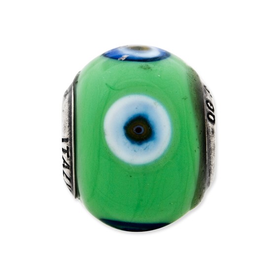 Sterling Silver Reflections Italian Green w/Decorative Accents Glass Bead