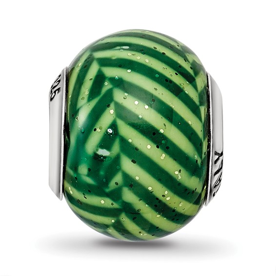 Sterling Silver Reflections Italian Green Stripes w/Glitter Glass Bead