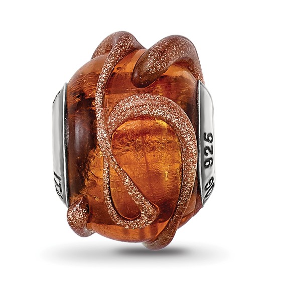 Sterling Silver Reflections Italian Brown w/Textured Lines Glass Bead