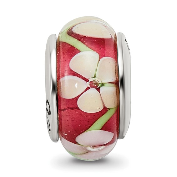 Sterling Silver Reflections Red Floral Hand-blown Glass Bead