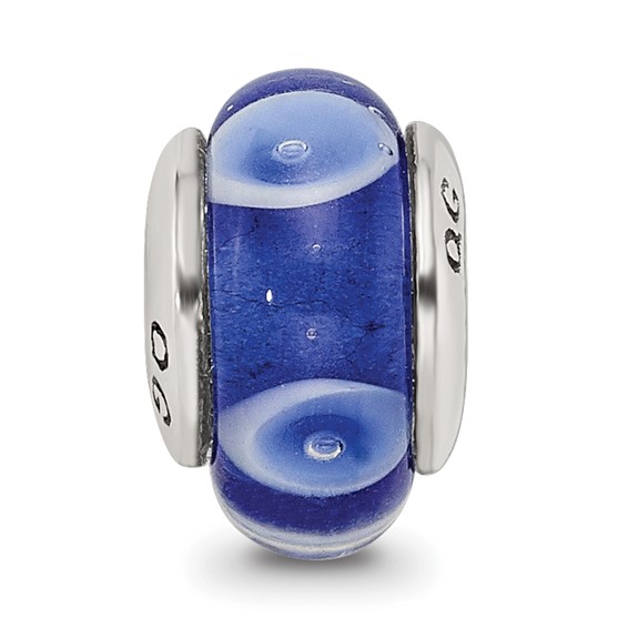 Kids Collection Sterling Silver Hand-blown Blue with White Dots Pattern Glass Reflections Bead